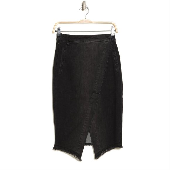 Wash Lab Sally Mid Asymmetric Faux Wrap SKIRT Size 25 0 Black Stretch Denim NEW - Picture 2 of 8